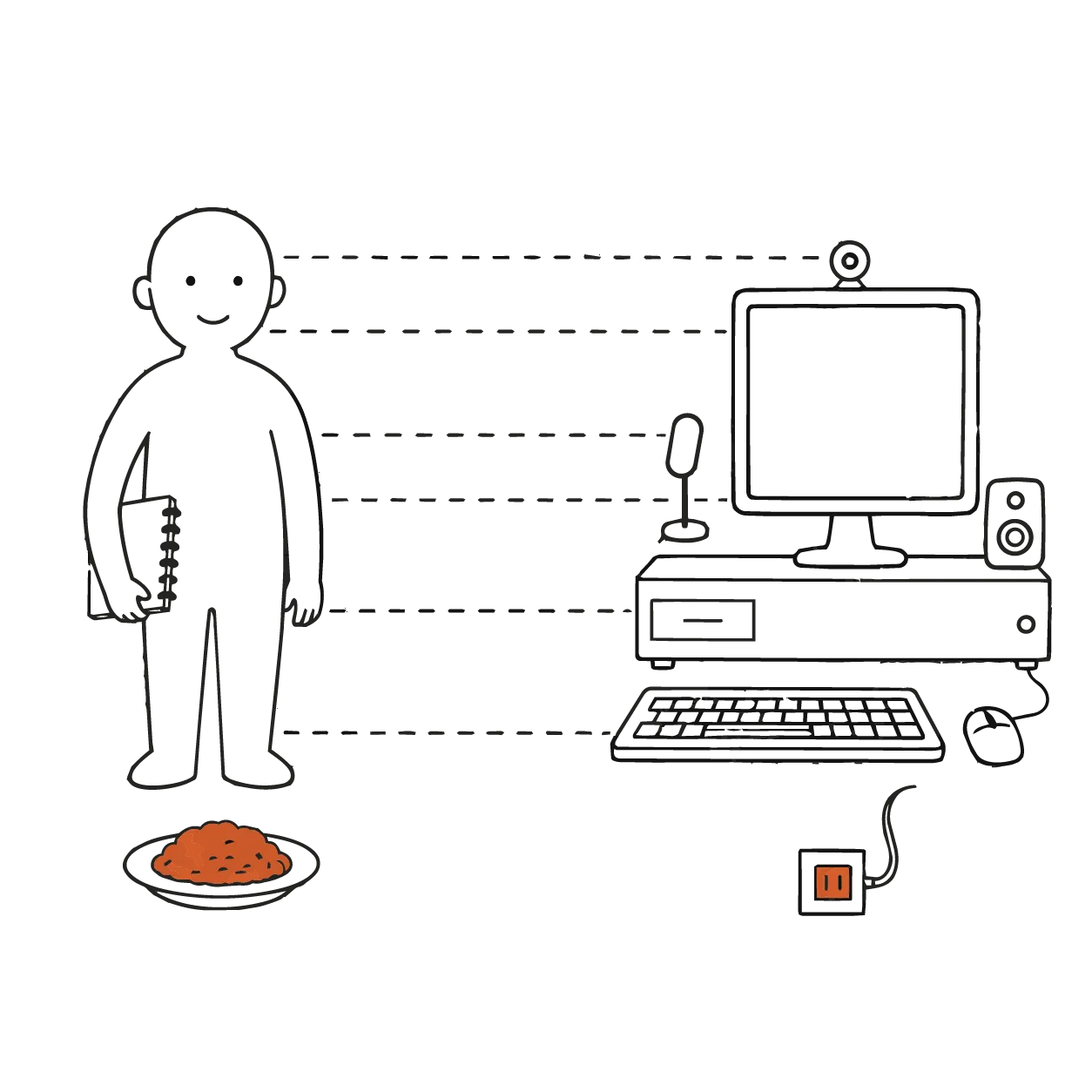 Hand-drawn comparison of a human body and a computer